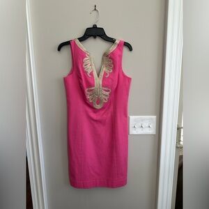 Lilly Pulitzer V-Neck Hot Pink Midi Dress with Gold Embroidered Trim